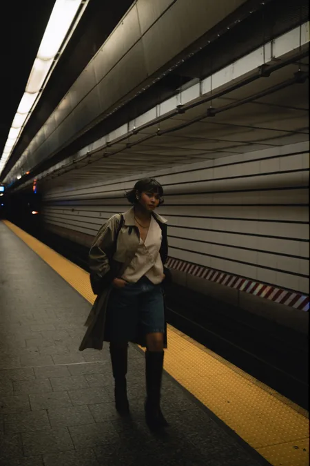A woman waiting alone on an empty subway platform