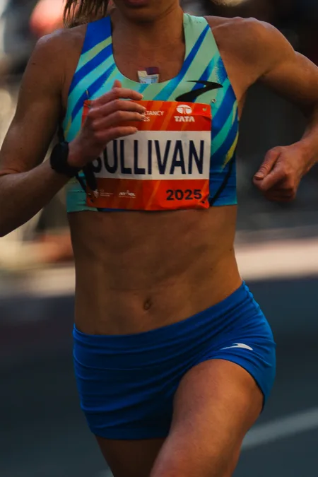 Sullivan in blue and teal on the New York City Marathon course