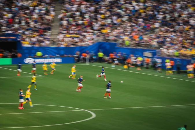 A pass played out of the France half, seen from high in the stand